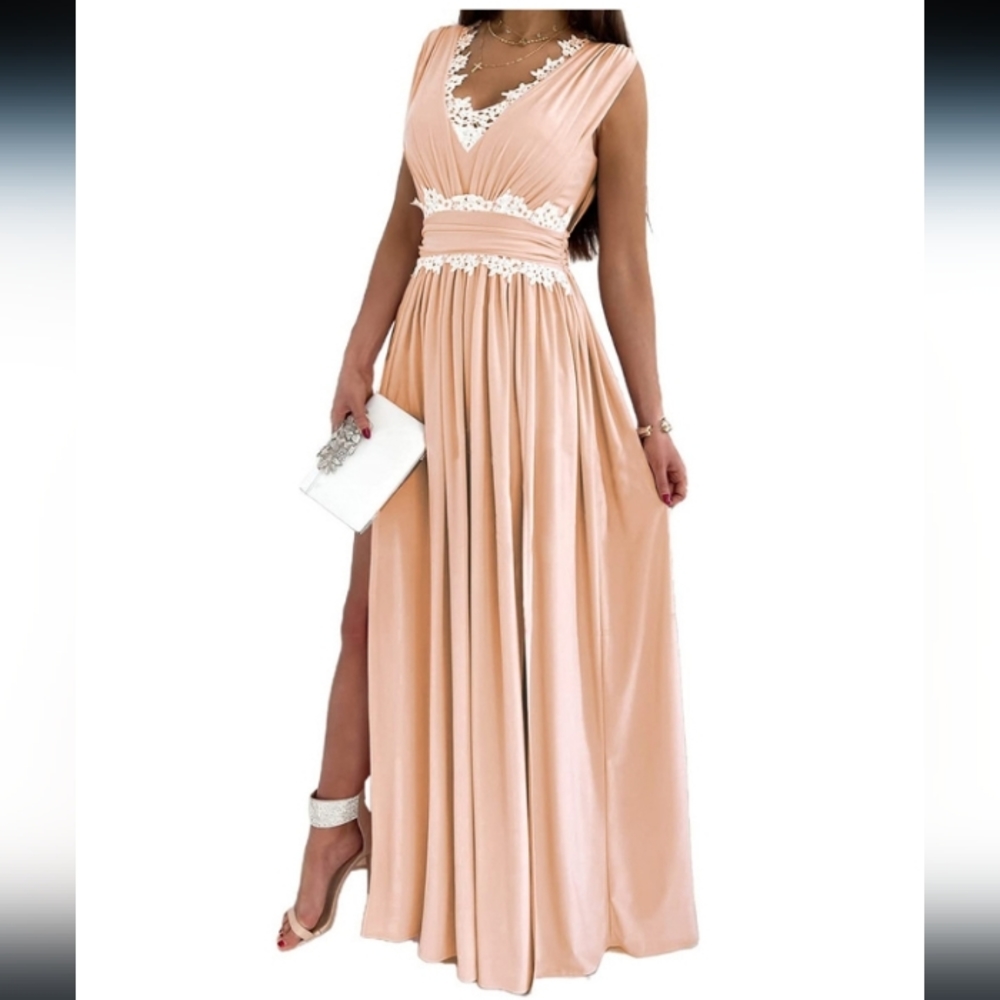 Women's Casual Floral Lace Deep V Neck Sleeveless Long Evening Dress Side Split